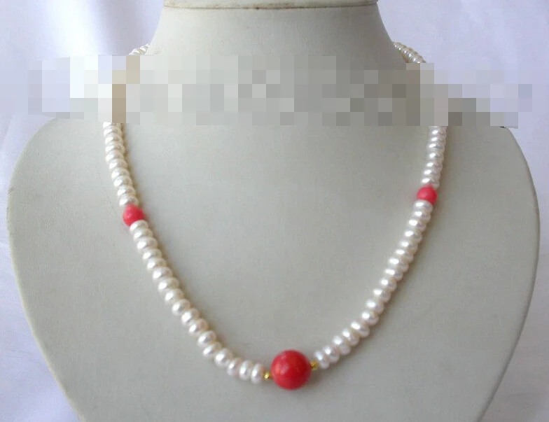 

0693 round white freshwater cultured pearl pink coral necklace