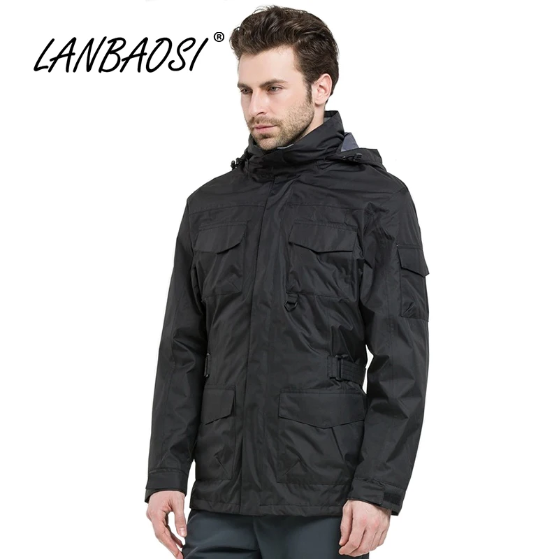Lanbaosi outdoor السترات الرياضية الرجال التنزه windstopper الحراري الصوف بطانة للماء جيوب مقنع أبلى الملابس
