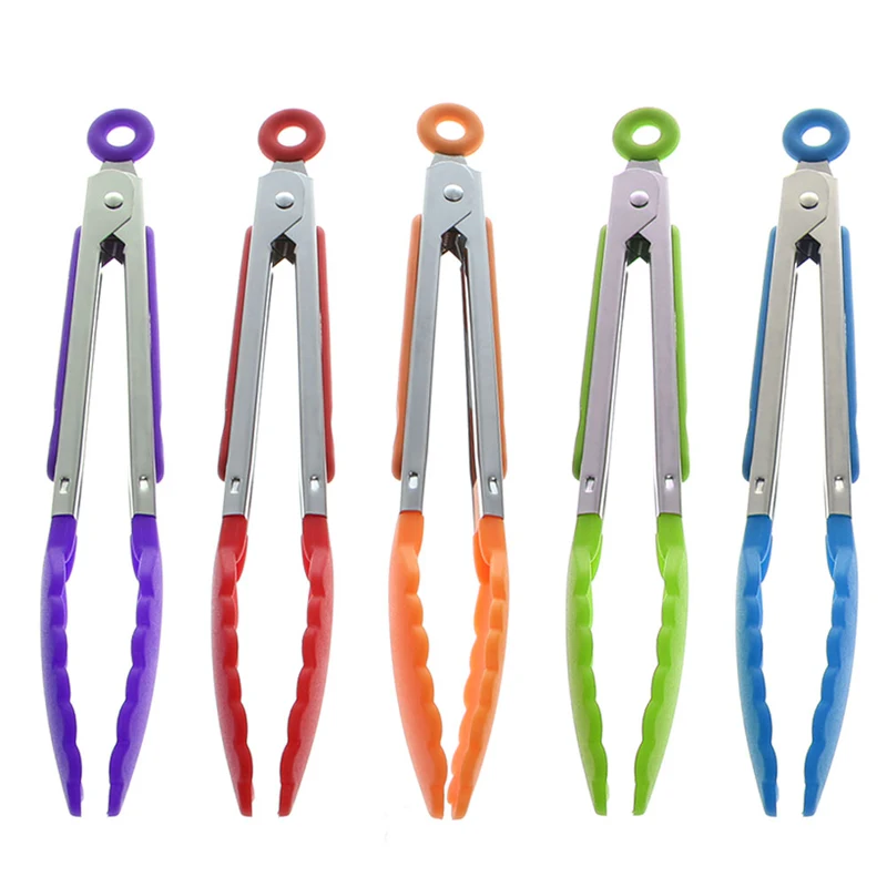 Silicone Kitchen Cooking font b Salad b font Serving BBQ Tongs Stainless Steel Handle Utensil