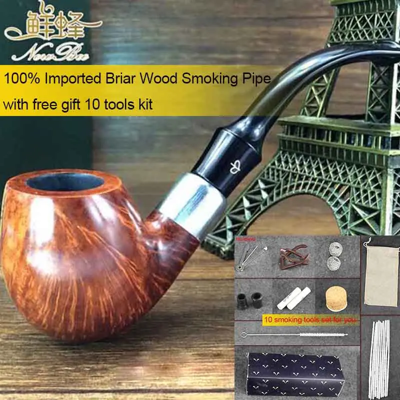 

NewBee 10 Tools Kit Silver Loop Decoration Imported Briar Wood Handmade with 9mm filter Bent Smoking Pipe Masculine Gift aa0035