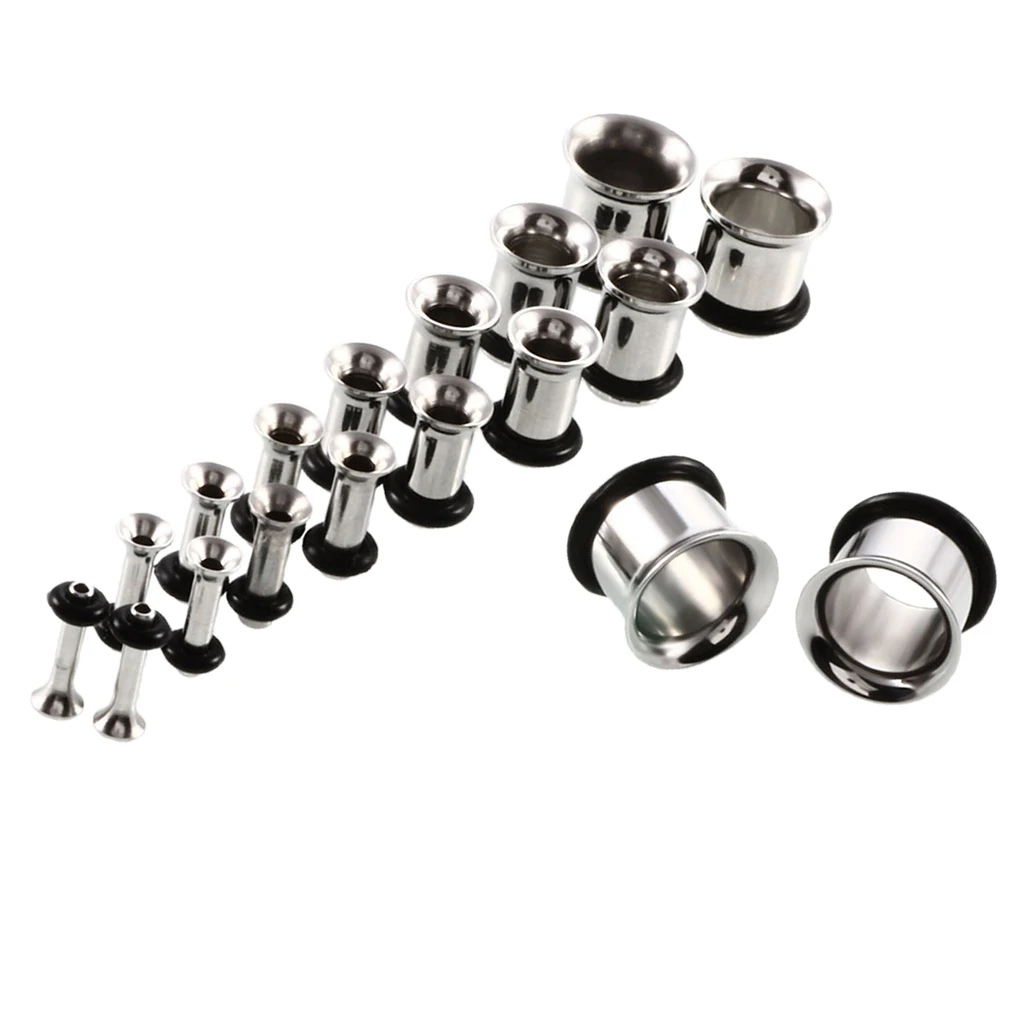 MagiDeal 18pcs/Pack 14G-00G Kit Assorted Stainless Steel Ear Plug Stretching Kit Single Flared with Rubber O-ring