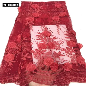 

New Coming 3d African Lace Women Red Stones Embroidered High Quality French Tulle Net Lace Fabric for Party Dress A1567