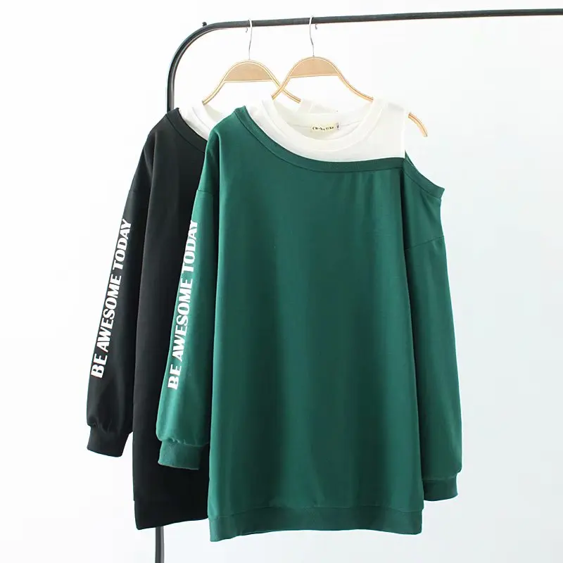 

Plus size green & black off the shoulder cotton sweatshirt femme 2018 spring autumn oversized hoodies print women tops pullovers