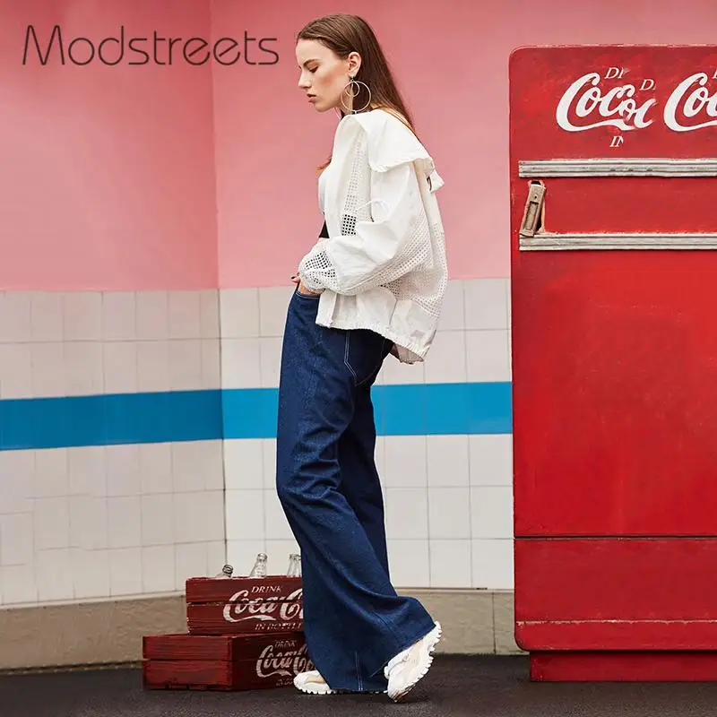 Modstreets Hollow Out Women Basic Jacket Solid White Drawstring Transparent Zipper Casual Thin Slim Autumn Coat Bomber Jacket