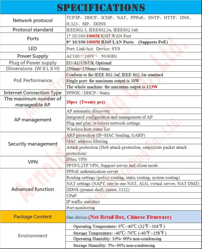 Perfect WiFi Wireless AP Controller, Manage 20 APs, 8 PoE Ports Gateway Router, 1000Mbps Wired SOHO BROADBAND vpn ROUTER,123W POE Switch 1