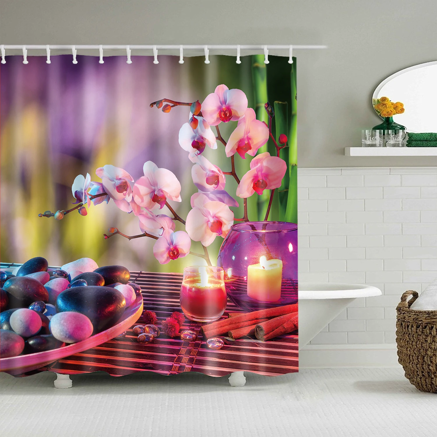 Black Shower Curtain Pink Flower Lotus Bath Curtains Buddhist