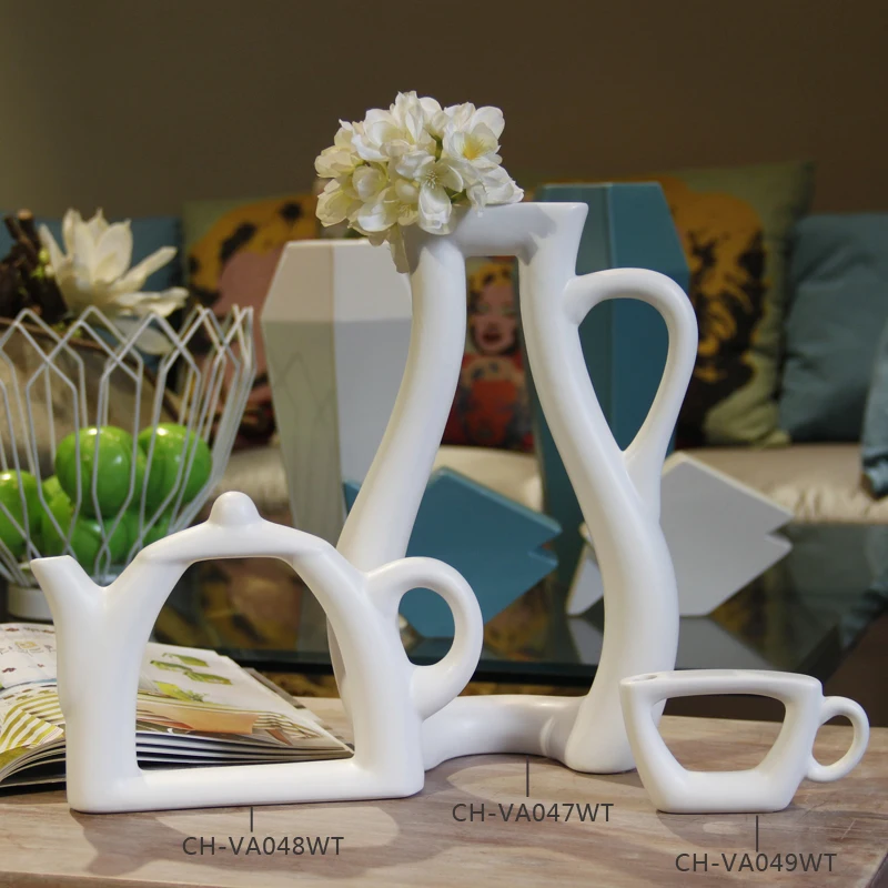 Decorative Vase for Home Decoration Tea Cup Shape Modern White Ceramic Flower Vase Handmade