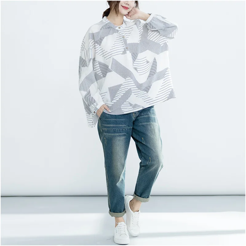 

Johnature Stand Collar Full Sleeve Casual Loose Irregular Blouses New 2019Spring Autumn Button Linen Plus Size Women Shirts