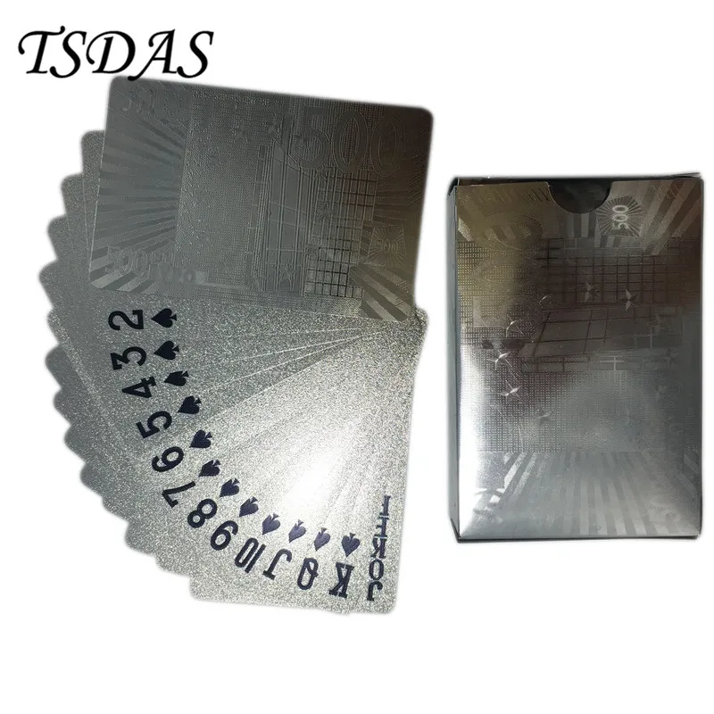 

Waterproof Plastic Playing Card Silver Plated 500 Euro, Silver Foil Playing Card Table Games Drop Ship