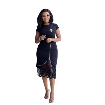 

Office lady stitching openwork lace dress Summer women dress African woman fashion elegant hot sale Sexy round neck lace stitchi