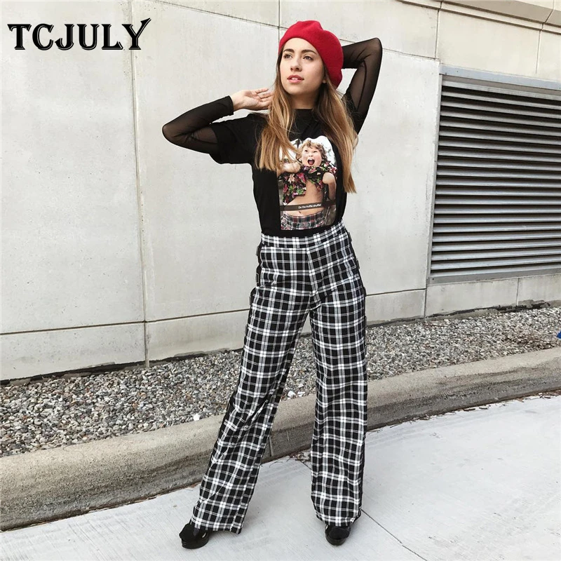 

TCJULY 2018 New Arrival Fashion Plaid Pants Straight Back zipper Design Black Stripes Patchwork Female Pants Streetwear Trousers