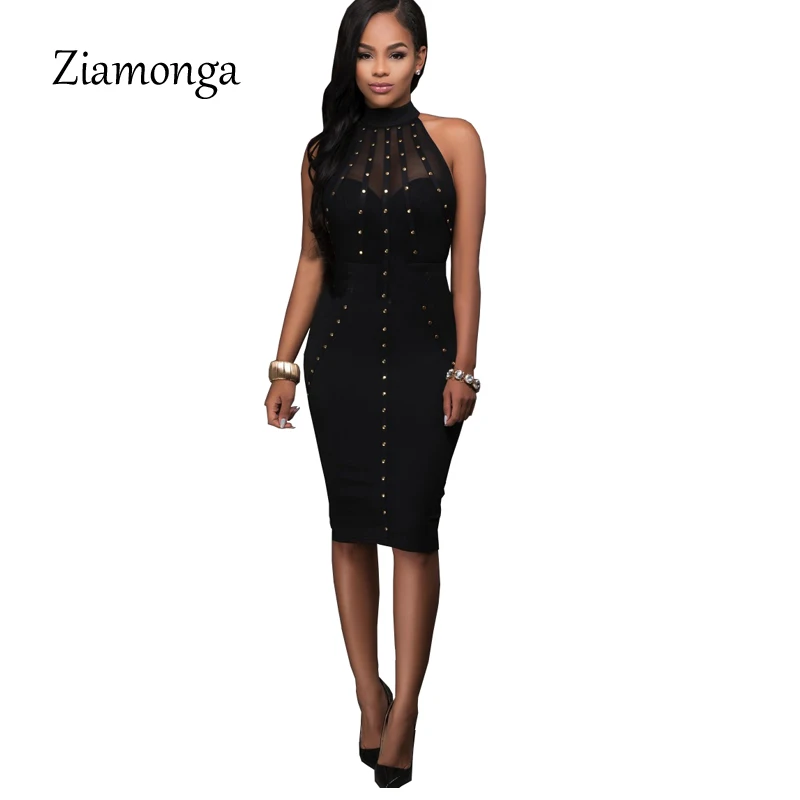 Ziamonga осеннее женское тонкое сексуальное Сетчатое платье-карандаш, повседневное Бандажное платье миди без рукавов, Женская офисная одежда размера плюс XXXL - Цвет: S3084  Black
