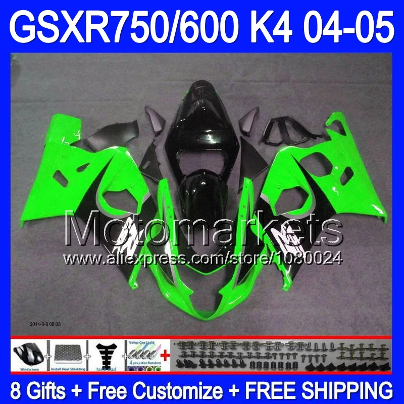8Gifts+Cowl For SUZUKI 04 05 GSXR750 Green black GSXR 750 35K217 GSX-R750 Gloss green GSX R750 K4 GSXR-750 2004 2005 Fairing | Автомобили