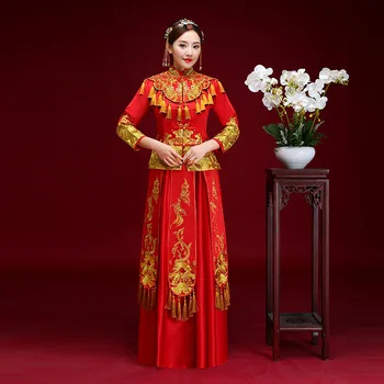 

Ancient Bride Marriage Suit Novelty Chinese Women Wedding Dress Tassels Elegant Full Length Qipao Vintage Embroidery Cheongsam