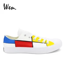 Вэнь унисекс парусиновые дизайн ручной росписи обувь пледы Цвет Соответствующие Низкий вырез на шнуровке Mondrian кроссовки для молодых людей Спорт Zapatos