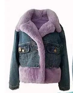 Горячая Распродажа, съемный Настоящий мех кролика, джинсовая парка, модная классная и Повседневная Уличная Женская куртка, зимняя модная короткая теплая куртка - Цвет: Лаванда