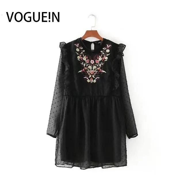 

VOGUEIN New Womens Vintage Embroidery Floral Print Hollow Long Sleeve Chiffon Mini Dress Black Wholesale