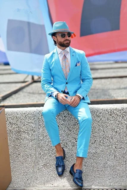

Latest Coat Pant Designs Light Blue Beach Men Suit Slim Fit 2 Piece Tuxedo Custom Groom Casual Blazer Prom Suits Terno Masculino