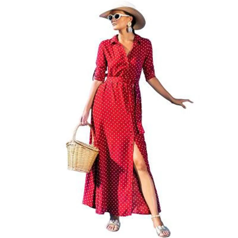 

New Fashion Girls Dots Print Long Sleeve Dress Lapel Single Breasted High Quality Polyester Red Black Waist Belt Binding Split