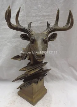 

005 16" Bronze Animal Sculptue Decorate JiXiang Sheep Deer Head Statue