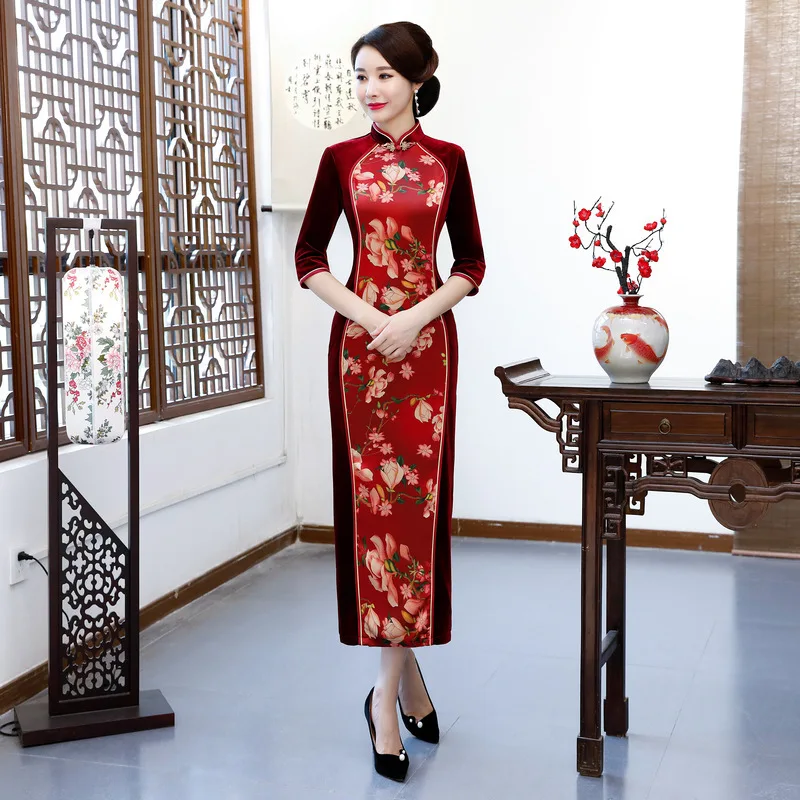 

Long Velvet Qipao Red Splice Flower Cheongsam Gown Traditional Chinese Wedding Dress Women Style Chinois Femme Cheongsams Velour