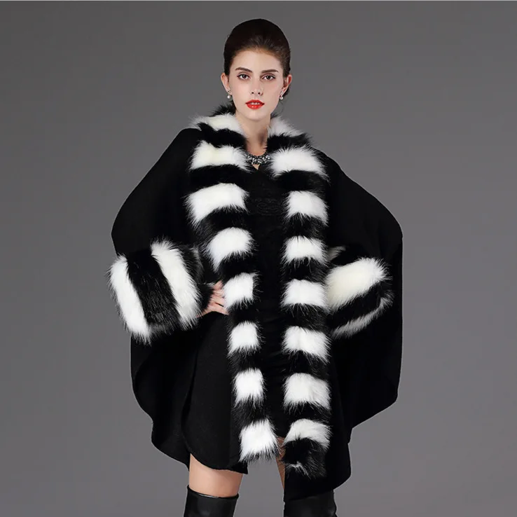 SC63 Women Party Overcoat Cloak High 2017 Long Winter Imitation Raccoon Fur Collar Knitted Cardigan Cape Cashmere Poncho Shawl