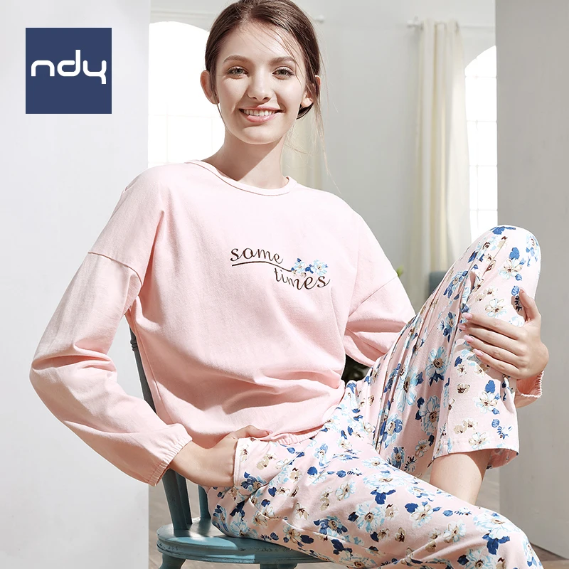 Ndy cute korean floral pajamas set for women spring and autumn