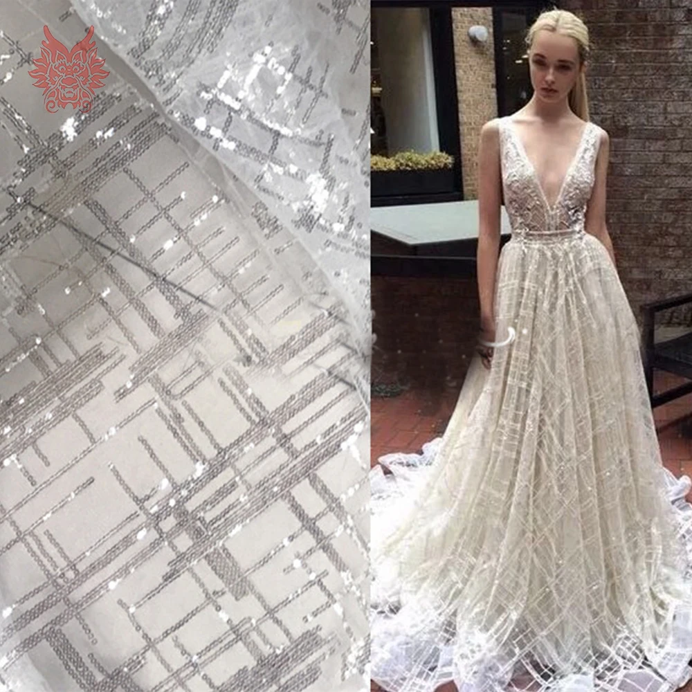 

Luxury beading embroidery mesh lace fabric for wedding party dress geometric plaid sequins embroidery lace tissu tela SP5560