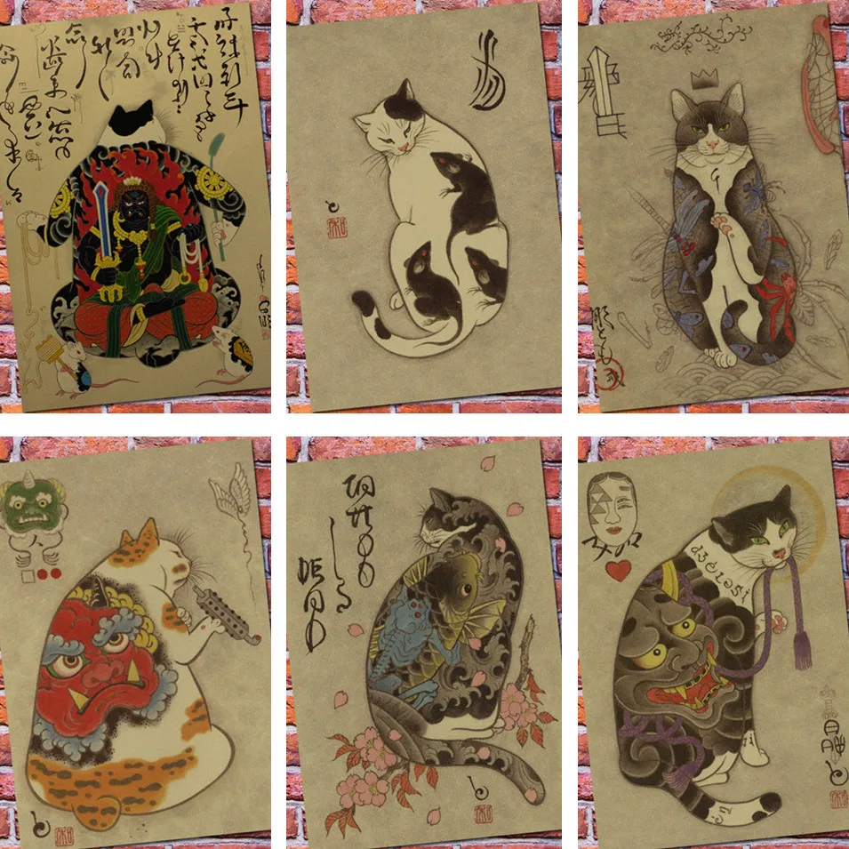 

vintage poster retro wall art sticker painting living room decoration bedroom print picture Japanese samurai cat tattoo cat