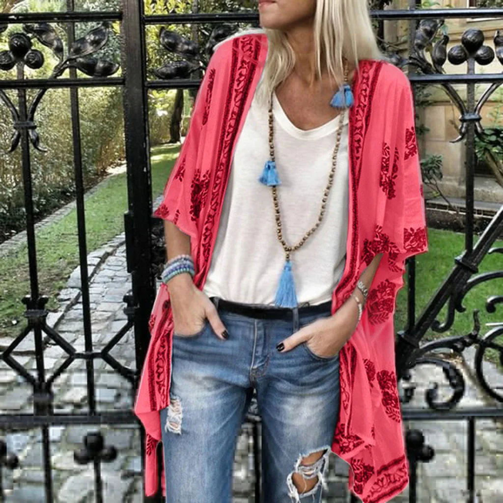 Plus Size Summer Fashion Boho Print Blouse Casual Loose Sheer Chiffon Cardigan Kimono Tops Female Women Half Sleeve Shirt Blusas