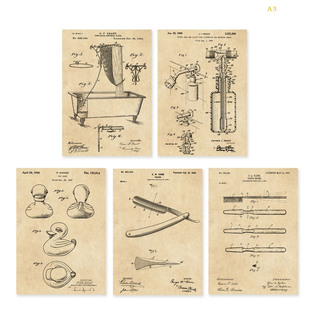 

Vintage patent art on Bathroom bathtub toy duck razor shower head&liquid soap toothbrush poster 5 in 1 wall art unframed
