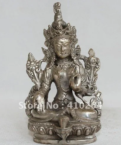 

FREE SHIPPING Chinese Tibet Tibetan Buddhism Silver Green Tara Goddess Bodhisattva Statue 80mm