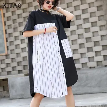 

[XITAO] 2019 New Arrival Europe Women Casual Loose Fashion Short Sleeve Button Striped O-Neck Collar Fashion Blouse WBB3177