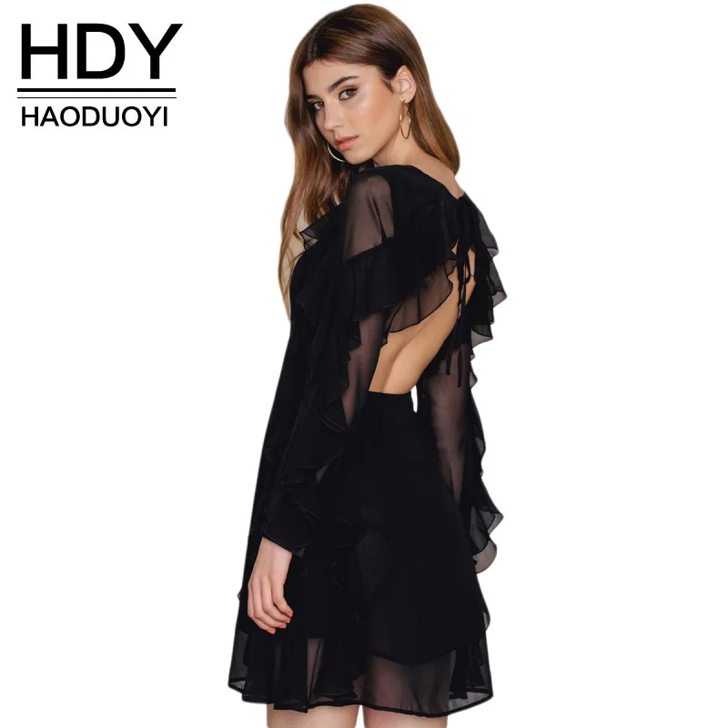 

HDY Women Lace Sheer Chiffon Dress Backless Dress Elegant 2019 Ruffles Mesh See Through Dresses Lace Dress Vestidos De Festa