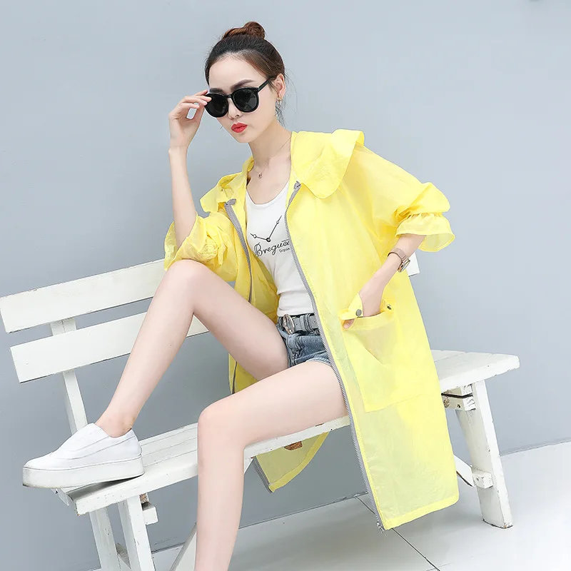 

Fashion Ladies Streetwear 2019 Summer Female Loose Sunscreen Coat Cool Breathable Student Pink,Yellow.White Womens Hooded Trench