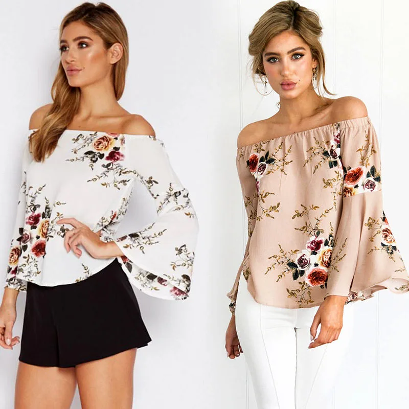 

2018 Spring Off Shoulder Floral Women Blouse Nine Quarter Flare Sleeve Strapless Shirts All-Match Loose Women's Tops S-2XL