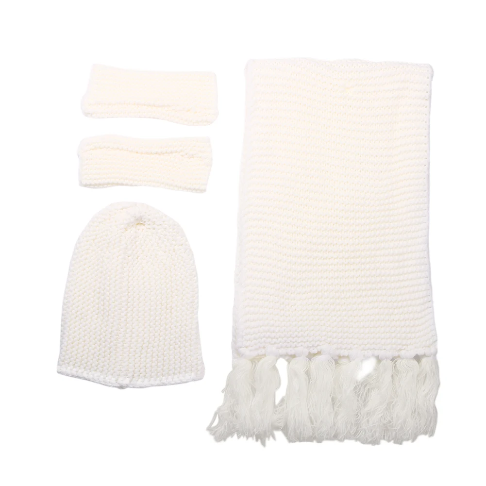 Толстая акриловая зимняя женская вязаная шапка, шарф, перчатки, набор для улицы, бини зимняя теплая одежда для девочек, комплект из 3 предметов, одноцветная шапка, шарф, перчатки - Цвет: Белый
