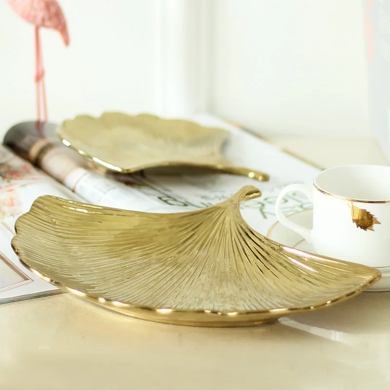 

lekoch Glod Ginkgo leaf Ceramic Dinner Plate Dish Salad Plate Jewelry Dish Storage Tray Decorative Tableware Wholesale