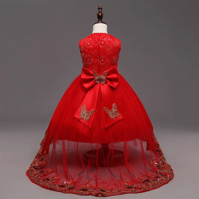 Red Embroidery Flower Dress Kids Bow Sequin Clothes For Red Embroidery Flower Dress Kids Bow Sequin Clothes For Wedding Party Long Tail Summer