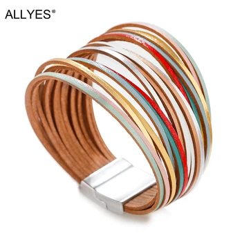 

ALLYES Simple Leather Bracelets for Women Fashion 2020 Mulitlayer Mix Color Wide Wrap Bracelet Female Jewelry