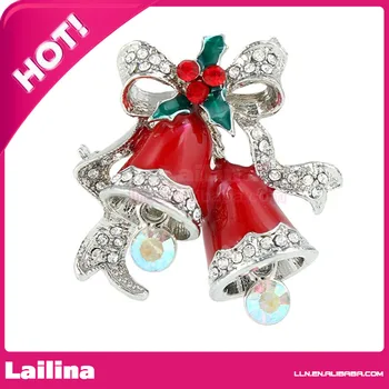 

Fashion two Red Jingle Bell Bow Brooch/ Rhinestone Bow Brooch/Enamle Crystal Bell Pin