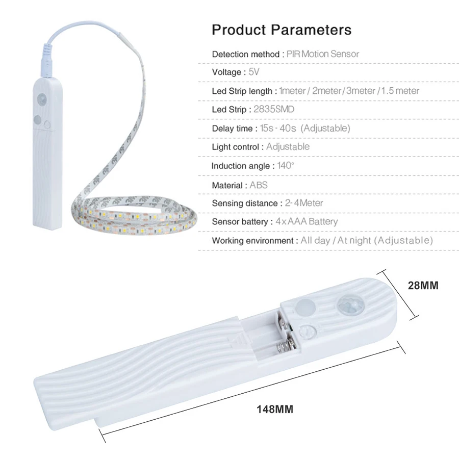 Беспроводной светодиодный светильник с датчиком движения, ночник, 1 м, 2 м, 3 м, пир, Светодиодная лента, 5 В, 2835, для спальни, шкафа, лестницы, лампа с питанием от батареи