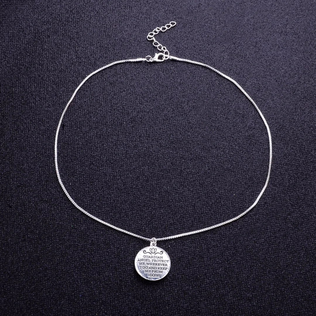 Shellhard Trendy Simple Elegant Silver/Gold Chain Metal Round Letter Angel Wing Pendant Necklace Punk Unique Jewelry Couple Gift