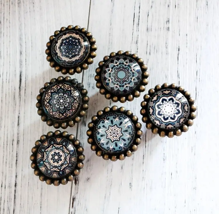 1x Dia 42mm European Crystal Glass Vintage Retro Geometry Pattern Cabinet Wardrobe Drawer Door Knobs Single Hole Handle Pulls