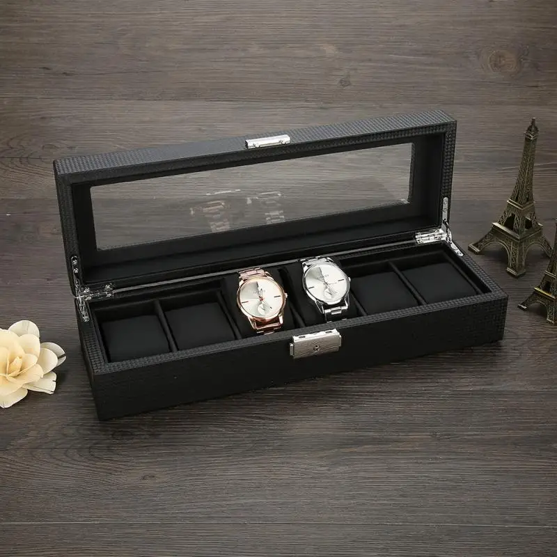 

6 Grids PU Carbon Fiber Leather Watch Holder Wristwatch Display Case Jewelry Gift Storage Box