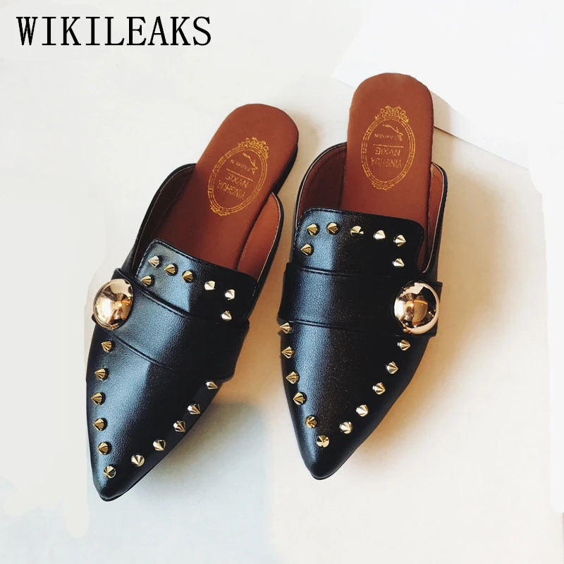 

2018 ladies leather mules shoes woman zapatos mujer sapato feminino slip on loafers women flats luxury brand rivets casual shoes