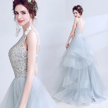 

Ball Gown Fluffy Backless Lace Beading Luxury Evening Dresses Formal Party Dress Evening Gowns Robe De Soiree ZX24