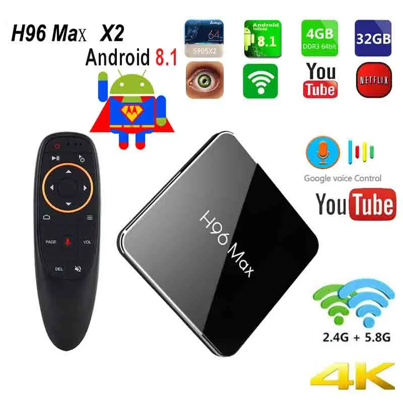 

H96 MaxX2 Android 8.1 tv Box Amlogic S905X2 4GB+32G/64GB 2.4G+5G wifi USB 3.0 4K H.265 IPTV supproted m3u smart set top box