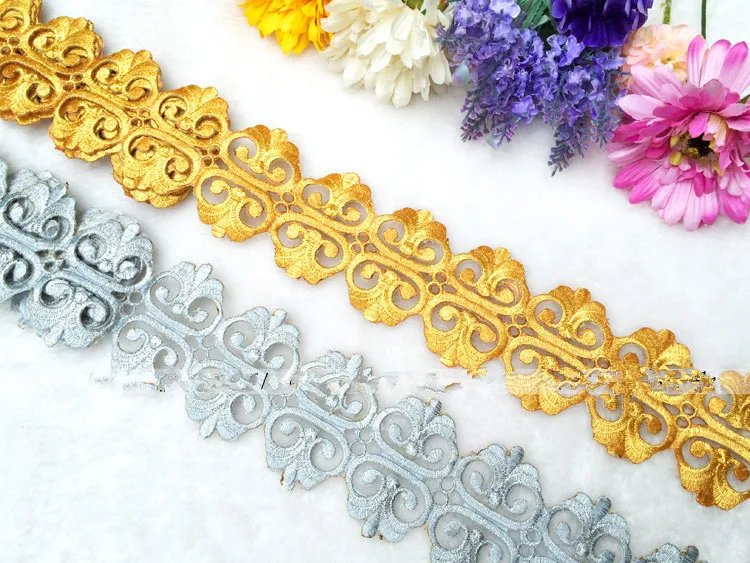 

Golden embroidery braid lace Gold and silver metallic cotton lace Trim 4 yards/lot