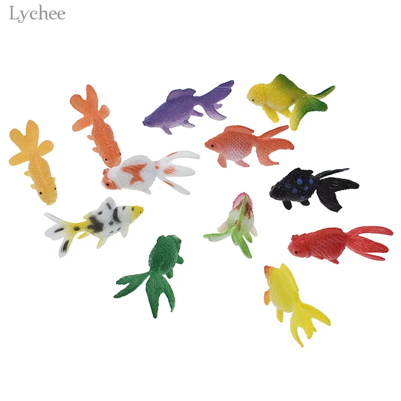 

Lychee 12pcs Model fish Miniature Kawaii Simulation Animals Model For Kids Toys DIY Decorative Goldfish Figurines Home Decor